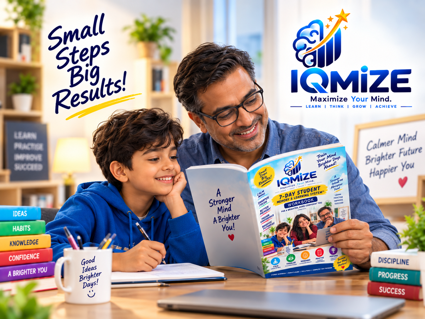 Father and son reading the IQMIZE workbook together